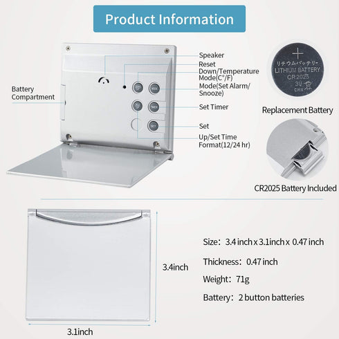 Digital Travel Alarm Clock Battery Operated, Portable Large Number Display Alarm Clock with Temperature,12/24 H Small Desk Clock -Silver (NO Light...