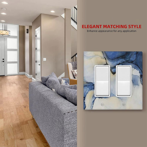 Navy Blue Marble 2 Gang Wall Plate Double Rocker Light Switch Cover Decorative Socket Covers Faceplates for Electrical Outlets Wallpalte Receptacl...