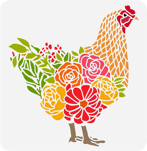 FINGERINSPIRE Chicken Stencil 11.8x11.8inch Rooster with Flowers Grass Drawing Template Hen Rooster Farmhouse Stencil Plastic PET Painting Stencil...