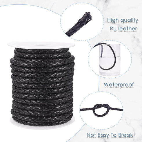 Beadthoven 10 Yards 5-6mm Black Round Folded Bolo Braided Imitation Leather Beading Cord Rope Necklace Chain PU Leather for DIY Handmade Necklace ...
