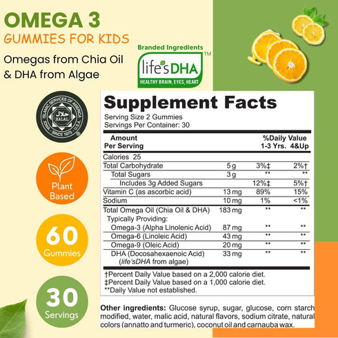 Gelatin Free Kids Omega 3 Gummies w/DHA 30 Servings. Plant-Based Omega 3 for Kids. Gluten Free & Non-GMO DHA Gummies. Children Omega 3 Gummies for...