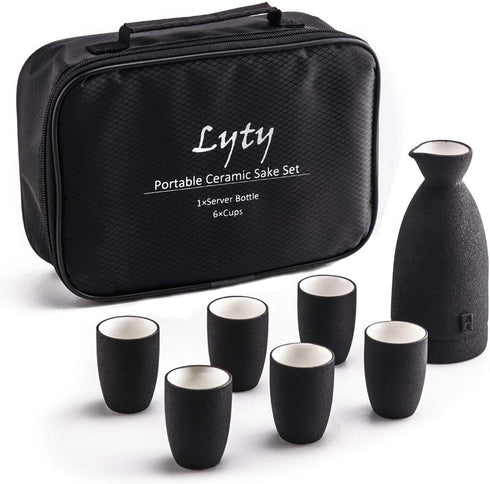Ceramic Sake Set and Cups + Keep Sake Storage Box, Traditional Porcelain Pottery Saki Drink Set Kit, 7-Piece include 1 Sake Bottle 6 Cups...