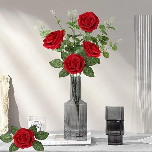AmyHomie Artificial Flowers Dark Red Rose 50pcs Real Looking Fake Roses w/Stem for DIY Wedding Bouquets Centerpieces Arrangements Party Baby Showe...