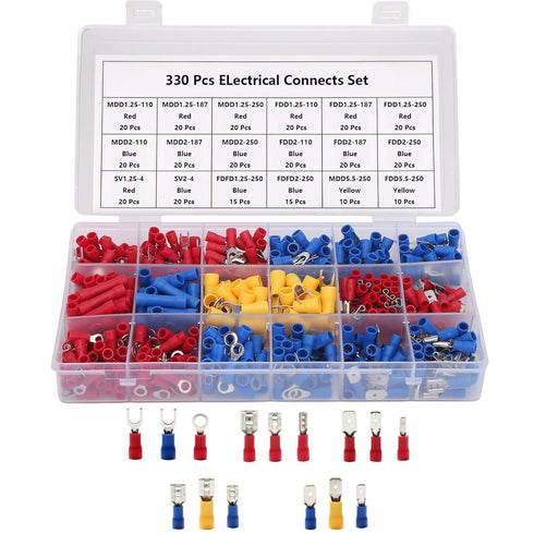 330 Pcs Wire Connectors Kit Wire Crimp Butt Insulated Electrical Terminals, Cold Pressing Terminal Set with Spade Terminals, Fork Terminals and St...