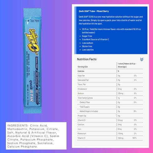 Sqwincher ZERO Qwik Stik - Sugar Free Electrolyte Powdered Beverage Mix, Assorted Flavors (40 Sticks)...