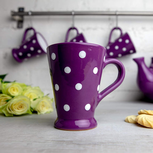 City to Cottage Handmade Purple and White Polka Dot Ceramic Coffee, Tea, Latte Mug, Cup with Large Handle, Unique 7 oz / 200ml Designer Pottery Gi...