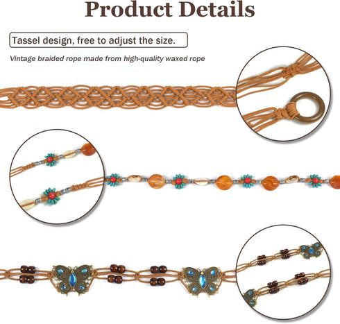 Women's Bohemian Style Braid Belt, Woven Waist Belt for Dress - 3Pcs...