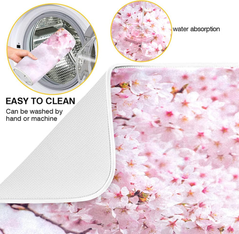Romantic Pink Cherry Blossoms Absorbent Dish Drying Mat Microfiber Kitchen Countertop Table Protector Multipurpose Counter Rack Sink Drainer Pad (...