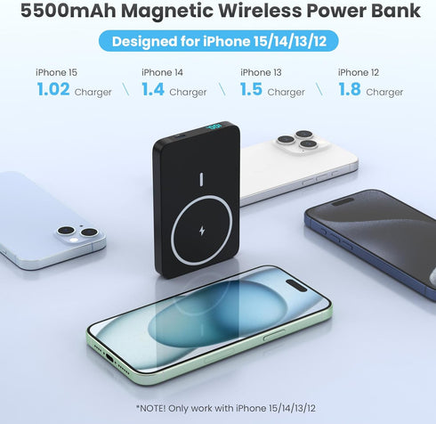 Magnetic Portable Charger Power Bank,Slim 5500mAh Wireless Power Bank,LCD Display External Battery Pack Compatible with Magsafe,iPhone 15/15 Pro/1...