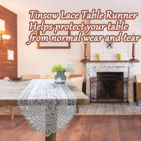 Tinsow 2 Pack Cotton Crochet Lace Rectangular Table Runner Dresser Scarf Doilies (White Style, 13" X 44")...