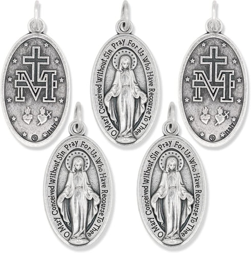 Pack of 5 - Large Oval Miraculous Medals in English (1.125", Silver Oxidized) - Made in Italy, Catholic Mary Pendant for Necklace...