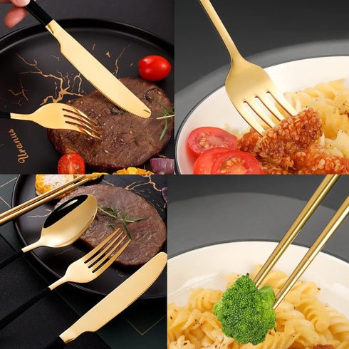 Black Portable Flatware Cutlery Set, TWUTGAYW Stainless Steel Travel Utensils with Case, Reusable Chopsticks Knife Spoons and Forks Set, Gold Camp...