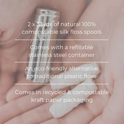 Biodegradable Dental Floss | Refillable & Reusable Zero Waste Steel Dispenser | 2x33yd Waxed Natural Cruelty Free Peace Silk Spools | 100% Compost...