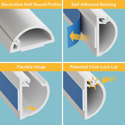 D-Line Half Round Cord Hider, Patented Cable Cover, Hide TV Wall Mount Wires, Raceway for Cords, Decorative Wire Covers, Paintable, Adhesive Cable...