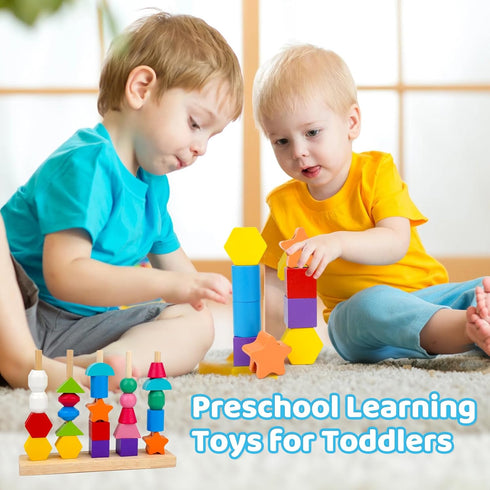 Montessori Toys for 2 3 4 Year Old Kid Boy Girl Toddler, Montessori Wooden Beads Sequencing Toy Set, Lacing Beads & Stacking Block & Matching Shap...