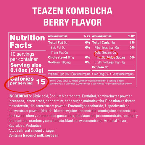 TEAZEN Berry Kombucha Tea, Hydration Drink Mix, Sugar Free, Live Probiotics & Prebiotics, 10 Sticks, 1.76oz...