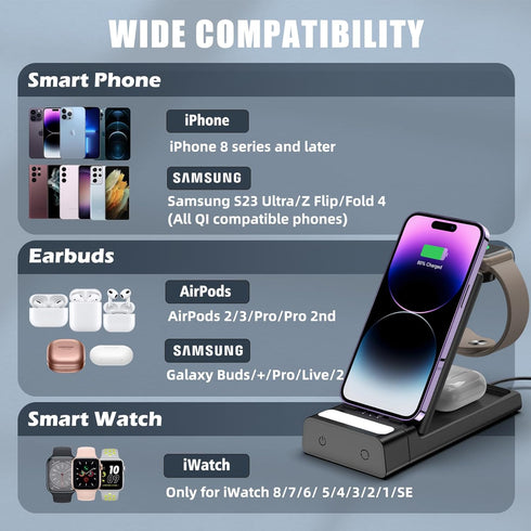 Wireless Charging Station for Apple Devices, 3 in 1 Charging Station Apple with Book Light, Portable iPhone Wireless Charger for iPhone 15 Pro Max...