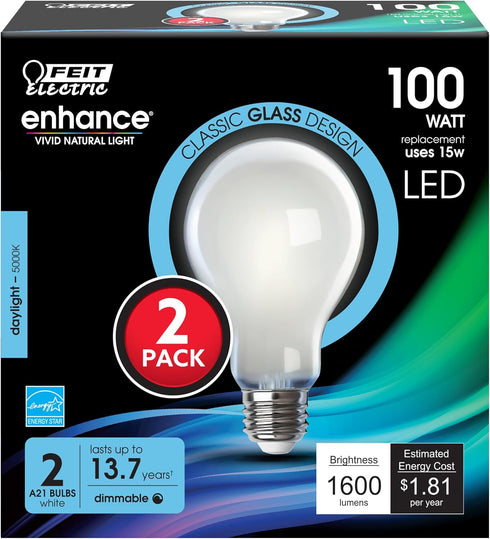 Feit Electric A21 LED Light Bulbs, 100W Equivalent, Dimmable, E26 Standard Base, 90 CRI, 1600 Lumens, 5000K Daylight, 13 Years Lifetime, Frosted W...