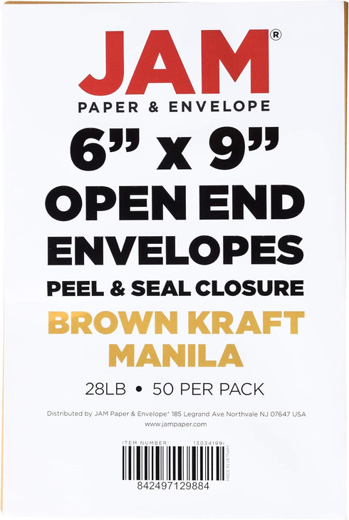 JAM PAPER 6 x 9 Open End Catalog Envelopes with Peel and Seal Closure - Brown Kraft Manila - 50/Pack...