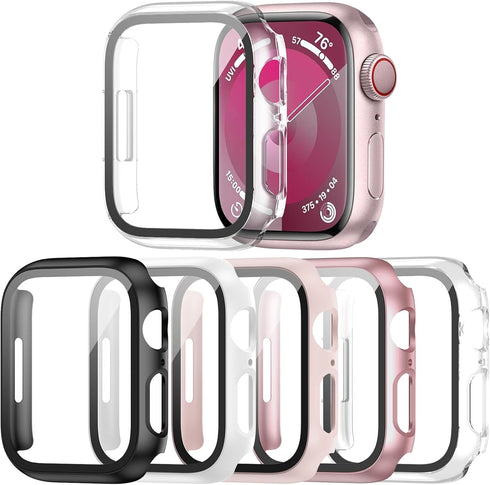 Haojavo 5 Pack Case with Tempered Glass Screen Protector for Apple Watch Series 9 8 7 41mm, PC Hard Ultra-Thin Slim Fit Scratch Resistant Bumper P...