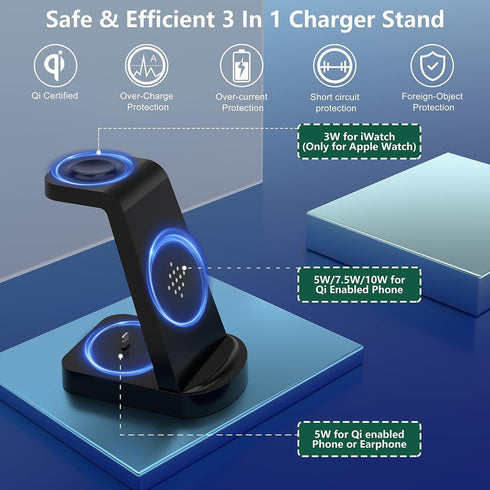 3 in 1 Wireless Charging Station KOOPAO Fast Portable Wireless Charger Dock Stand Compatible with iPhone 14/12/13/11 Pro Max/X/XS/XR/8/8 Plus, iWa...