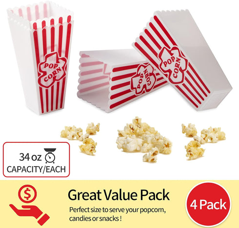 Plastic Popcorn Containers Red & White Striped Retro Style Reusable Popcorn Boxes for Movie Night 4”x8” (4 Pack)...