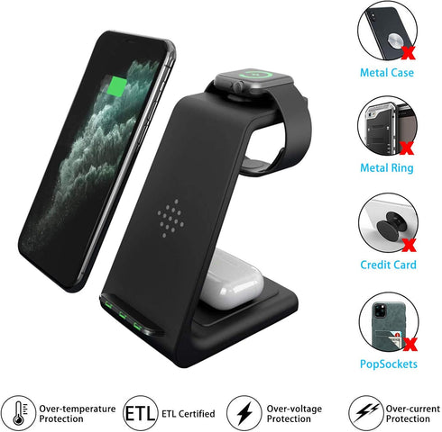Wireless Charger,3 in 1 Fast Wireless Qi Charging Station Dock Stand for iPhone 14/13/12/11 Pro Max/XR/XS Max/XS/X, iWatch SE/7/6/5/4/3/2, Airpods...