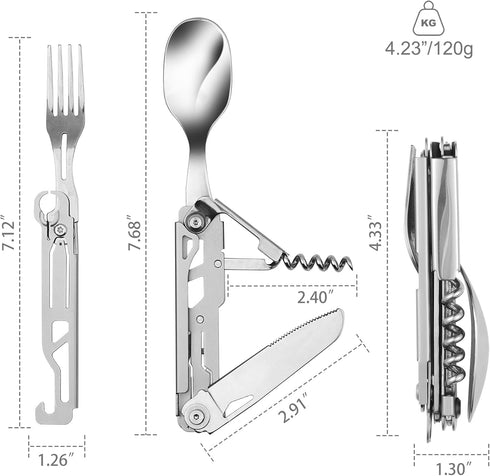 Camping Utensils, 6-In-1 Detachable Stainless Steel Camping Flatware Multi-tool kits with Spoon Fork Knife Corkscrew Bottle&Can Opener, Folding Po...