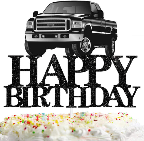 Pickup Truck Cake Topper Happy Birthday Theme Black Glitter Decor Picks for Kids Adult Birthday Party Decorations Supplies...