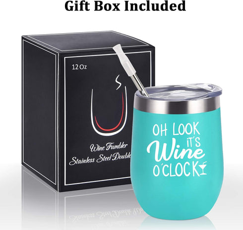 Oh Look It's Wine O'Clock - Stainless Steel Wine Tumbler with Lid, Funny Wine Gifts for Women Mom Grandma Sister Coworkers, Stemless Insulated Tum...