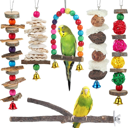 Bird Perch Bird Toys Parakeet Toys,6 Pack Bird Cage Accessories Wooden Chew Toys Perch Stand for Parrot Conure Cockatiel Lovebird Parrotlet Budgie...