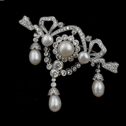 Magnificent Vintage Clear White Ribbon Trio Pearl Drop Brooch Pin Edwardian Jewelry...