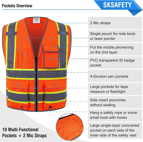 SKSAFETY 10 Pockets Safety Vest, Class 2 High Visibility Security with Zipper, Hi Vis Vest with Reflective Strips, ANSI/ISEA Standard, Constructio...
