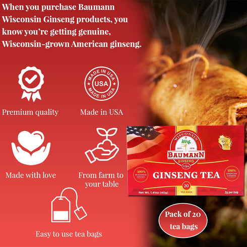 Baumann Premium American Ginseng Tea Bags (20 Tea Bags) - Authentic Panax Wisconsin Grown Panax Ginseng Herbal Tea - Healthy Green Tea with Antiox...