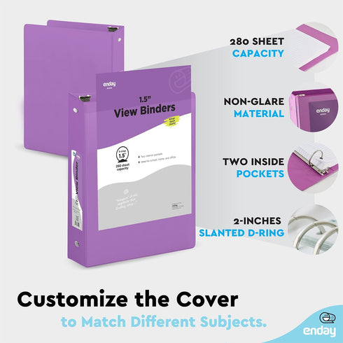 3 Ring Binder 1.5 Inch Purple, 1 ½ inch Binder Clear View Cover with 2 Inside Pockets, Colored School Supplies Office and Home – by Enday...