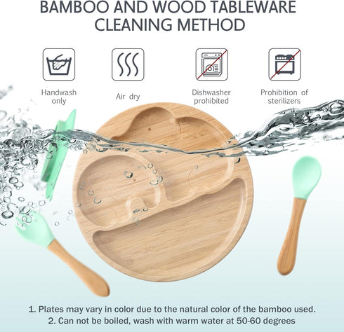 Suction Plates for Baby & Toddler, Bamboo Divided Platter Feeding Dishes with Silicone Fork& Spoon, All-Natural Baby Food Plate Stays for Baby-Led...