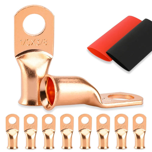 8PCS Battery Cable Ends, 1/0 Gauge Wire Connectors 3/8 Copper Wire Lugs, Bare Copper Eyelets with Heat Shrink Tubing by HOUSUN...