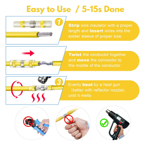 Kuject 50PCS Solder Seal Wire Connectors AWG 12-10, Yellow Solder Seal Heat Shrink Butt Connectors Terminals Solder Sleeve Waterproof Wire Splice ...