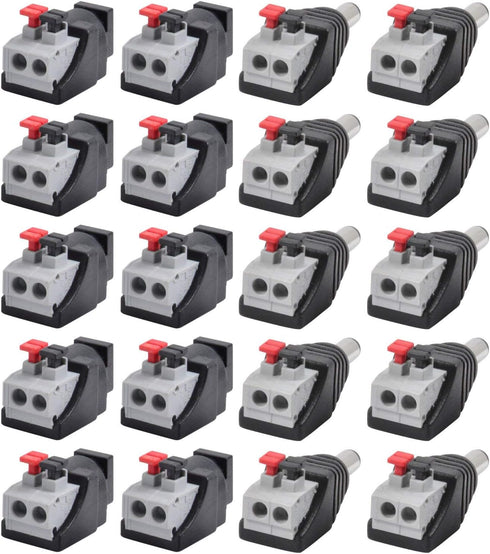 JacobsParts Male and Female DC Power Jack & Plug Screwless Quick Wire Connector 5.5mm x 2.1mm for 12V/24V LED Strip and Electronics (10 Pairs)...