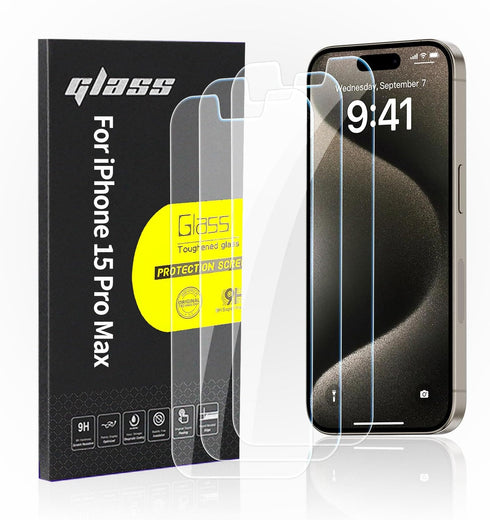 3 Pack Glass Screen Protector for iPhone 15 Pro Max (6.7"), 9HD Tempered Glass, Case Friendly, Anti Scratch Bubble Free Ultra Resistant...