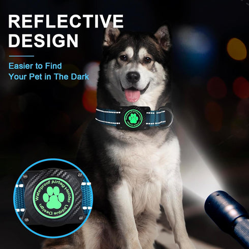 Airtag Dog Collar, Nylon Collar with Waterproof Air Tag Holder, Luminous Reflective Adjustable Pet Collar for Small Medium Large Heavy Duty Dogs,B...
