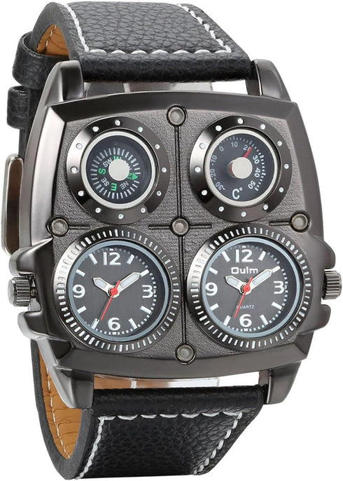 Avaner Mens Punk Watch, Unique Big Face Dual Time Zone Wristwatch, Analog Quartz Leather Strap Sport Watches with Decorative Compass and Thermomet...
