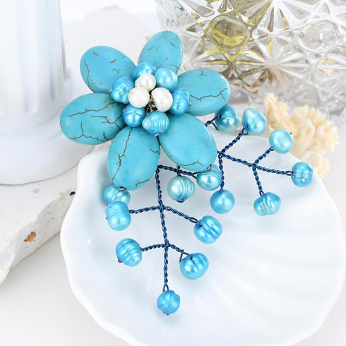 Nature Loving Simulated Turquoise-Cultured Freshwater Pearl Floral Drape Pin Brooch...