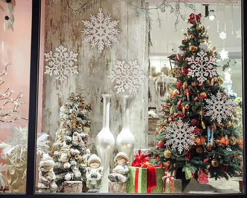 6pcs Large White Snowflakes Ornaments 12” Big Plastic Glitter Snowflake for Winter Indoor Outdoor Christmas Tree Window Room Decorations Giant Cra...