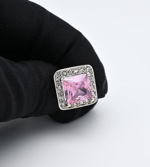 Pink Crystal Square Silver Cufflinks for Men Lady In Gift Case Classic Faceted Gemstone Men's Cufflinks Jewelry Set for Wedding Anniversary Busine...