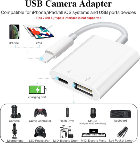 SUNTRSI USB Camera Adapter with Charging Port,Portable USB Female OTG Adapter suitable for iPhone iPad, iPad to USB Adapter Plug and Play Support ...