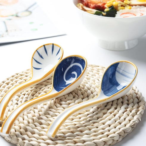 Soup Spoon Set of 4 Japanese and Korean Curved Handle Ceramic Ramen Soup Spoon for Pho Miso Salad Dessert Thai (Style 2)...