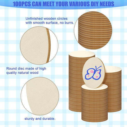 100 Pieces Unfinished Wood Circle - 2 Inch Round Disc Blank Natural Wooden Cutout Ornaments for Decoration DIY Craft Art Supplies, 0.11 inch Thick...