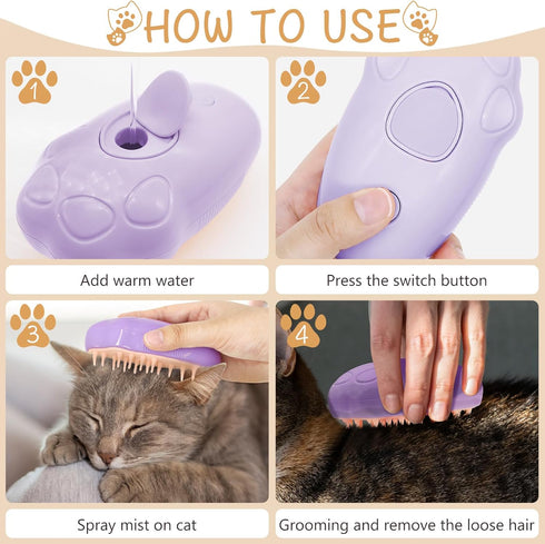 Pet Steam Brush - 3 In 1 Steamy Cat Brush, Rechargeable Steamy Pet Brush Self Cleaning Cat Groom Brush, Silicone Spray Cat Steamer Brush Massage, ...