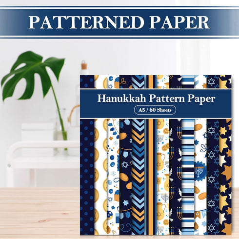 Whaline 60 Sheet Hanukkah Pattern Paper A5 Size Hanukkah Star Lamp Spinning Top Scroll Flagon Scrapbook Paper Double-Sided Craft Paper Folded Flat...